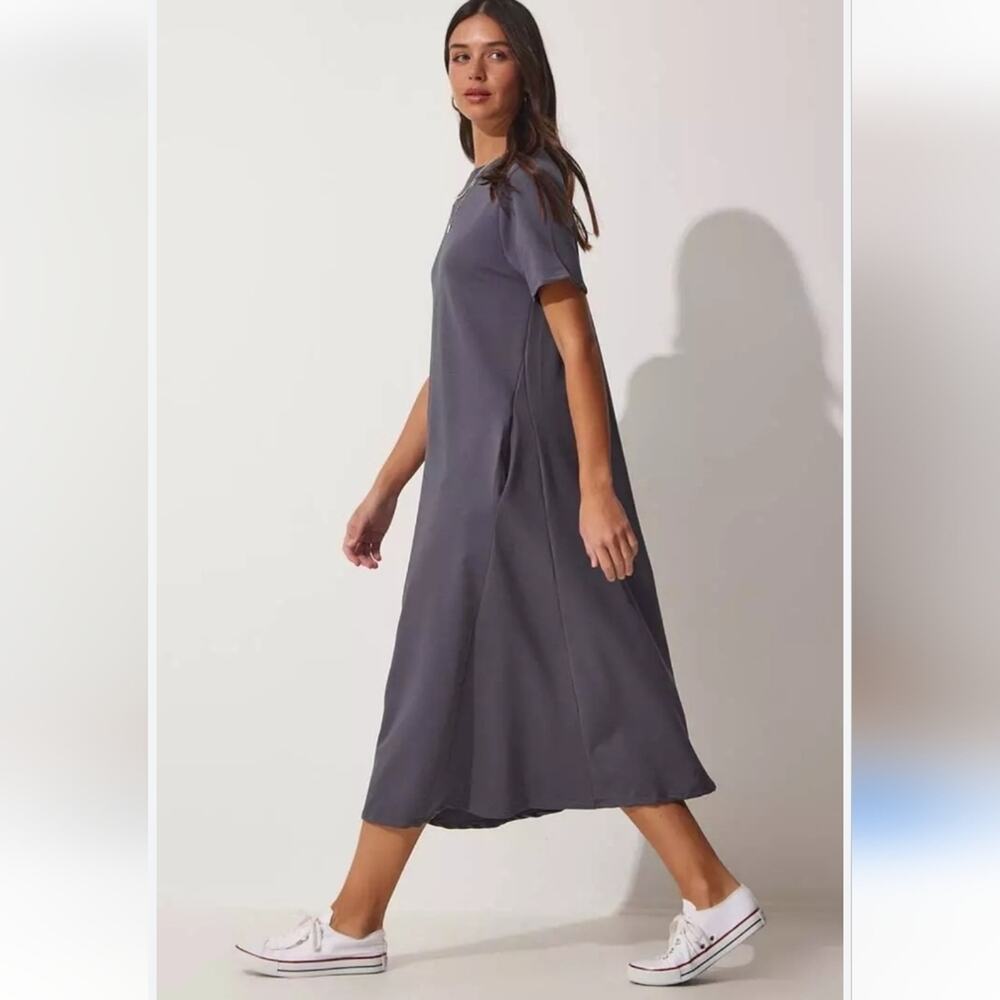 Flamingo Urban Charcoal Gray Swing T-Shirt Midi Dress Sz M #1277